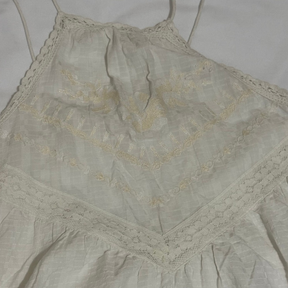 Free People ELISA White Embroidered Halter Top Lace Trim Babydoll Dress Large